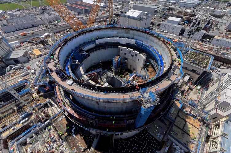 Hinkley Point C's second nuclear reactor building is awaiting its domed roof being lifted into place by the world's largest crane, 'Big Carl'. PHOTO: EDF.